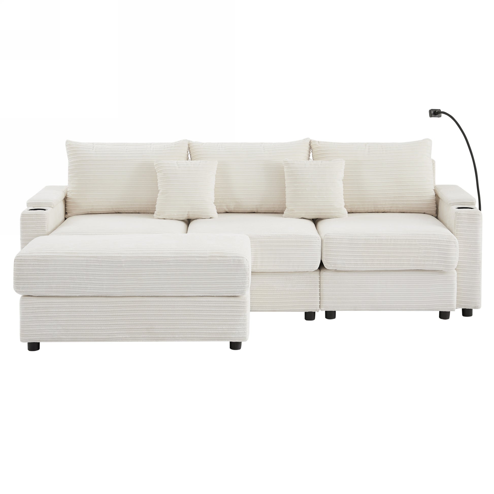 Offwhite corduroy sectional sofa with chaise and ottoman