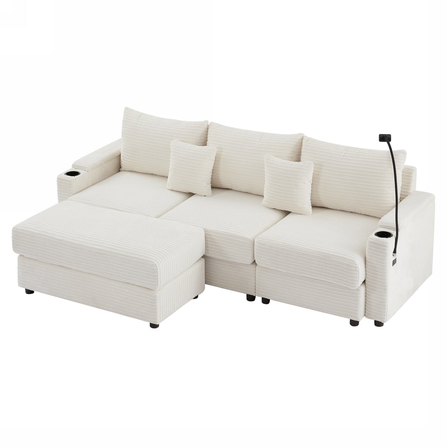 Cream corduroy sectional sofa with chaise cup holders and adjustable reading lamp for modern living rooms