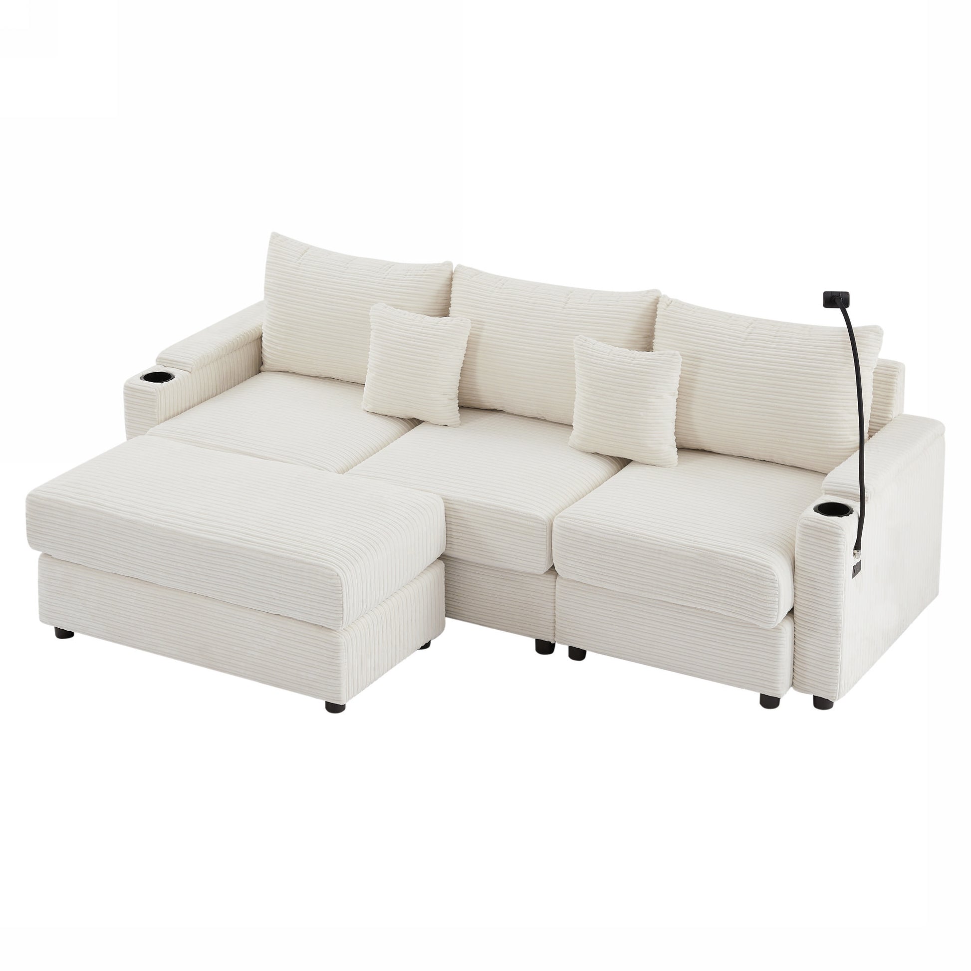Cream corduroy sectional sofa with chaise cup holders and adjustable reading lamp for modern living rooms