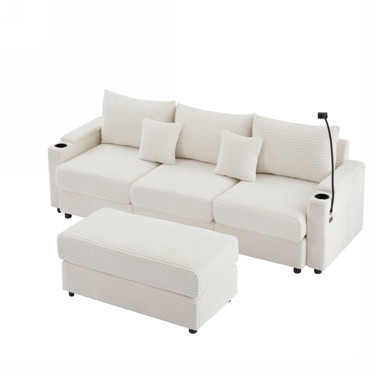 Cream corduroy modular sectional sofa with ottoman and builtin cup holders