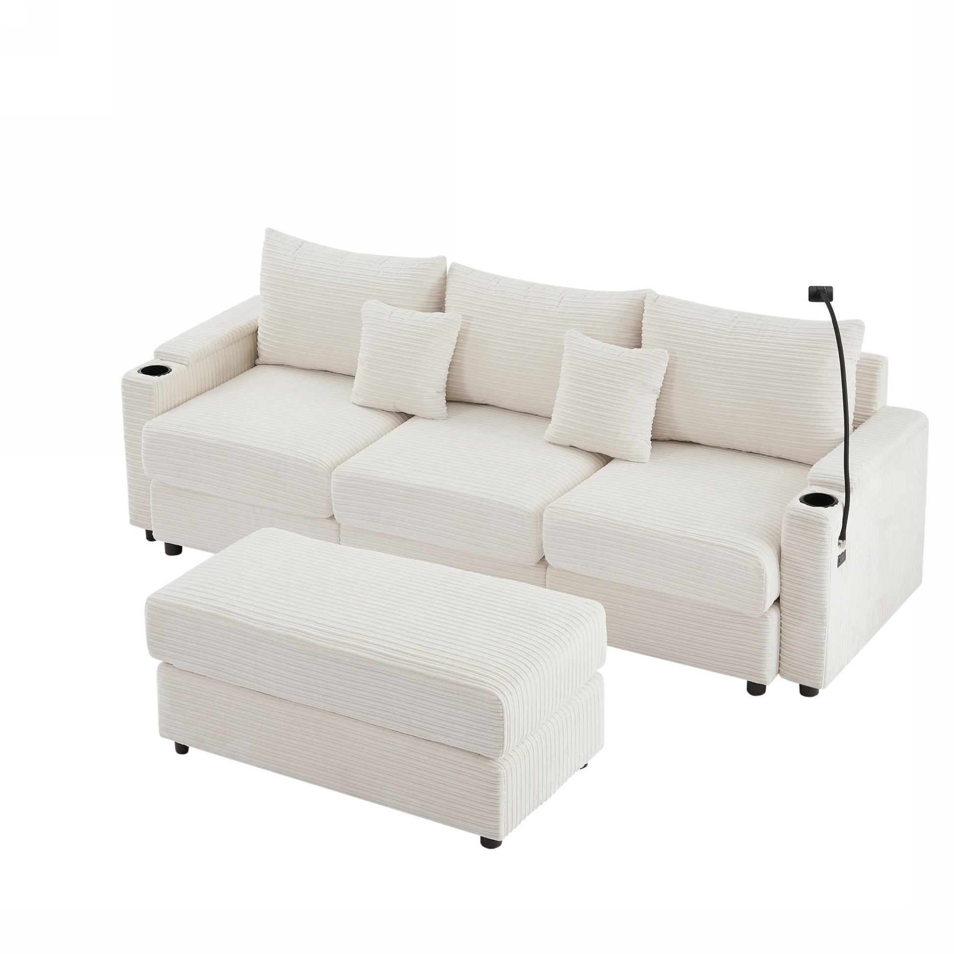 Cream corduroy modular sectional sofa with ottoman and builtin cup holders