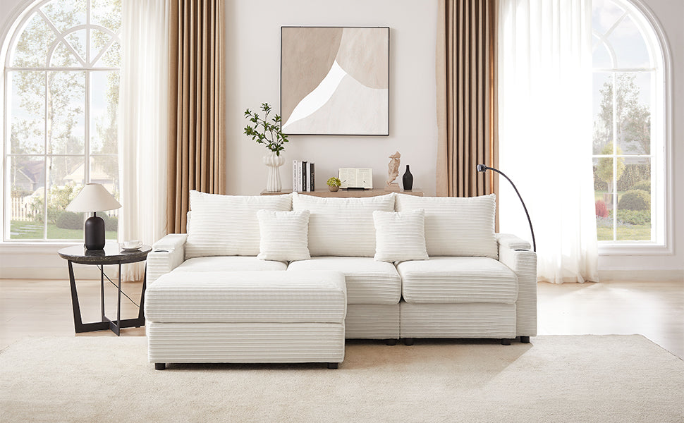 Plush white corduroy sectional sofa with chaise lounge perfect for modern living rooms
