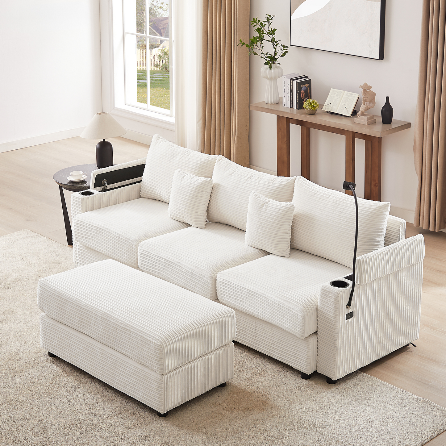 Plush white corduroy sectional sofa with ottoman featuring hidden storage and cup holders for modern living rooms