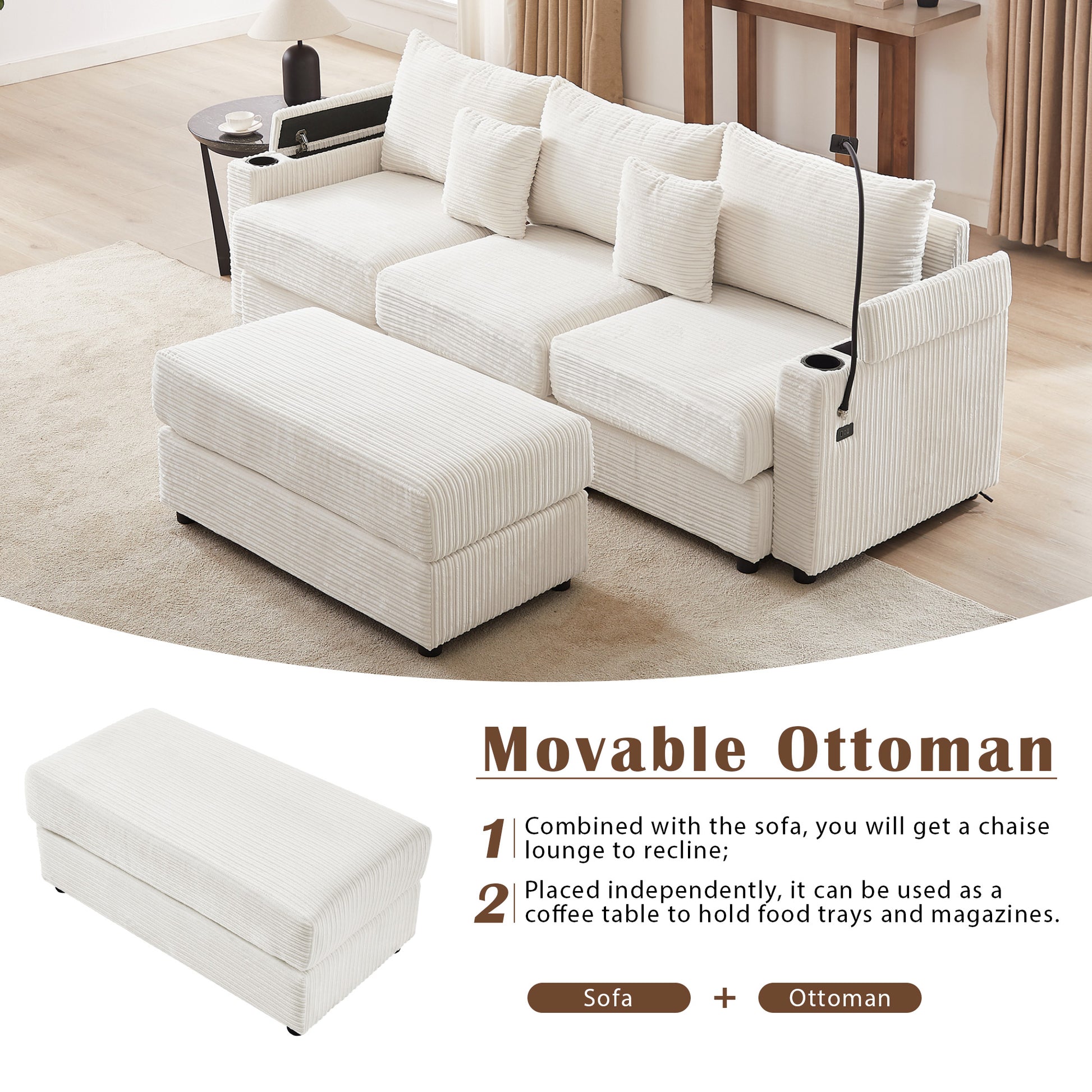Plush white corduroy sofa with modular design and integrated cup holders for comfortable lounging