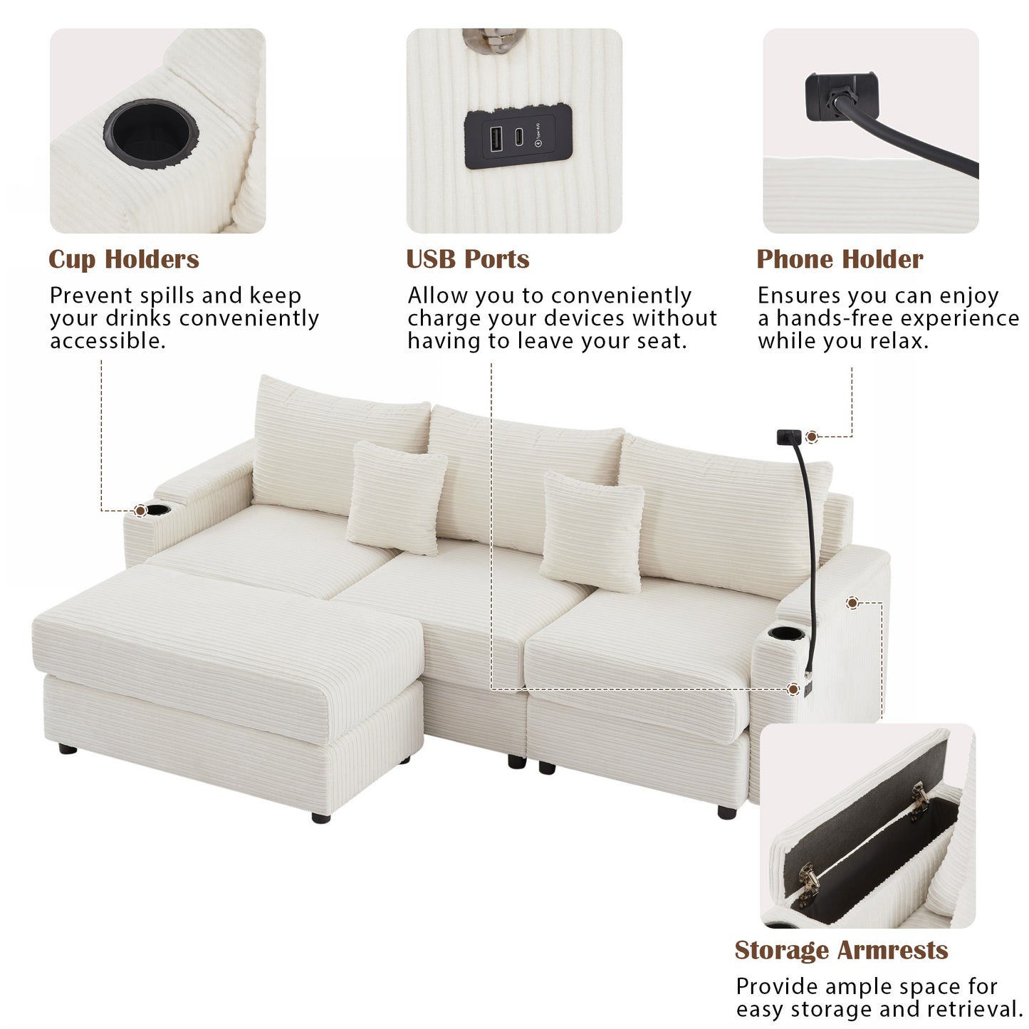 White corduroy sectional sofa with integrated cup holders for convenience