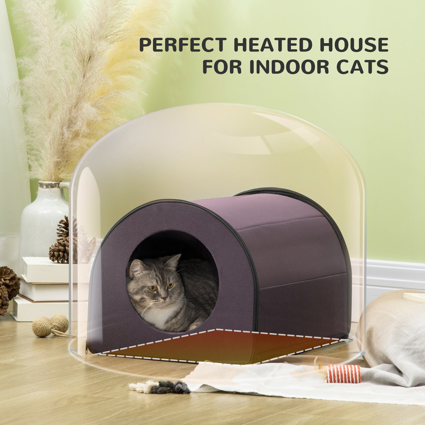 Plush grey cat resting inside a dark purple heated cat house with a clear dome cover
