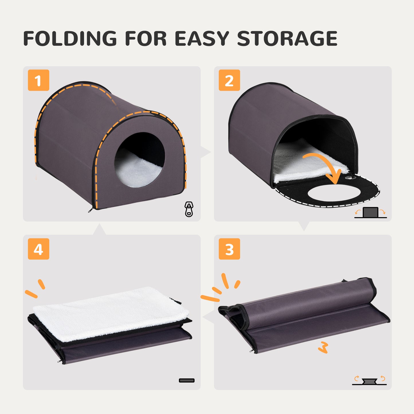 Gray fabric pet bed illustrated as ready for use with plush interior