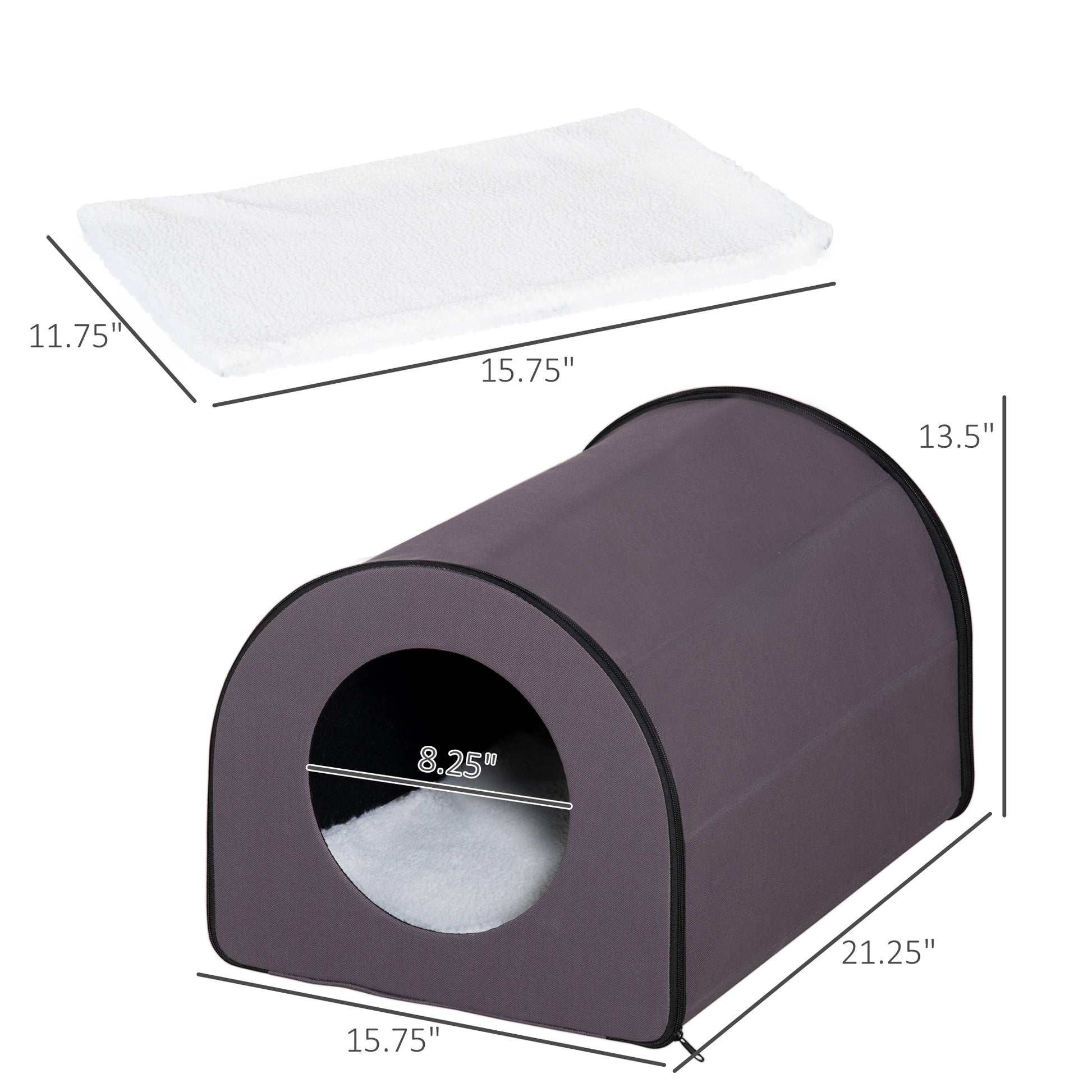 Dark gray fabric pet tent with removable plush white cushion  L x  W x  H