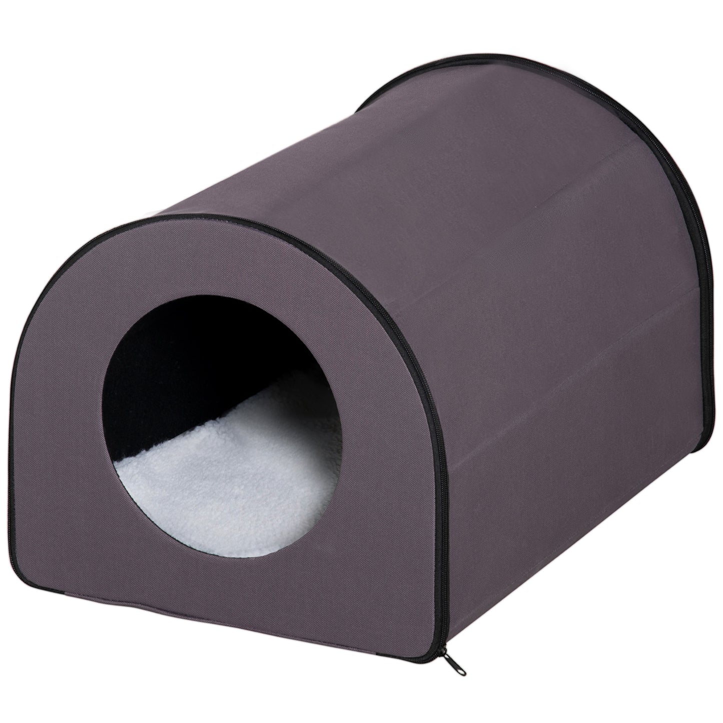 Durable gray fabric pet bed with soft white interior perfect for cats and small dogs