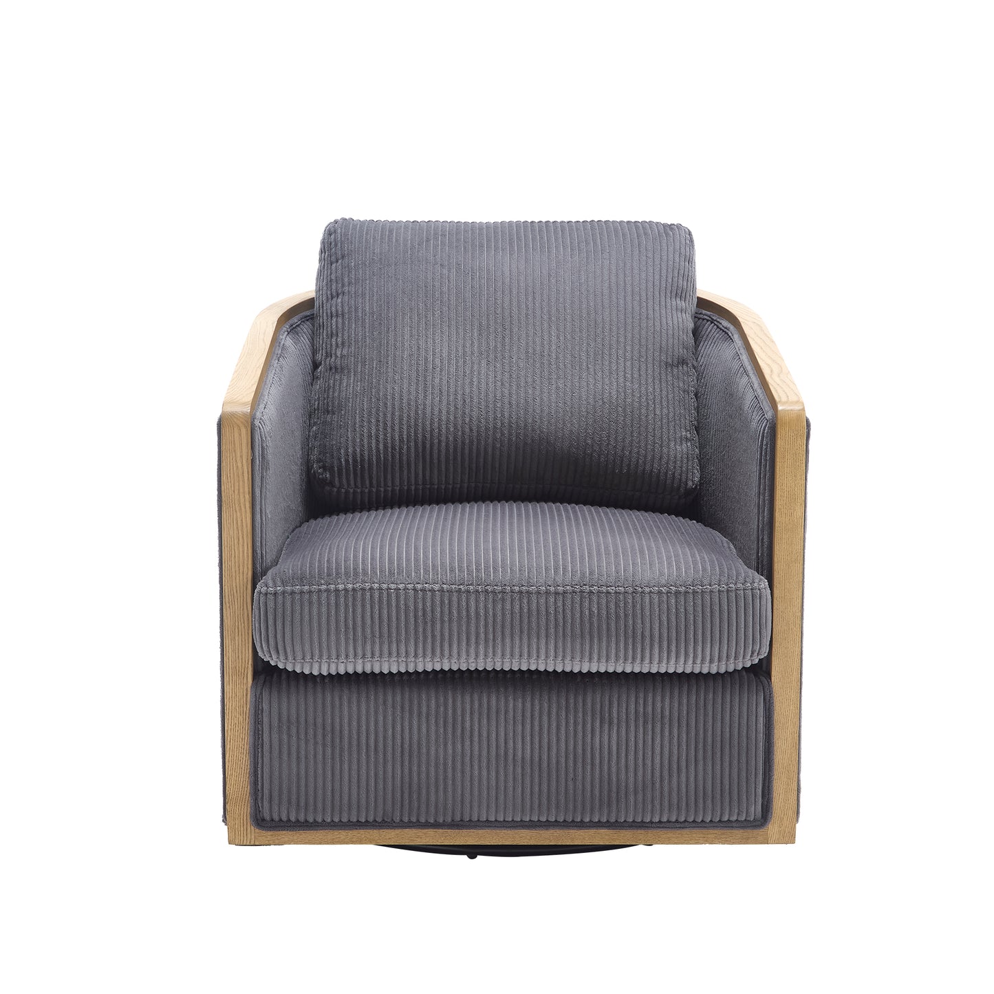 Gray corduroy swivel accent chair with natural wood frame