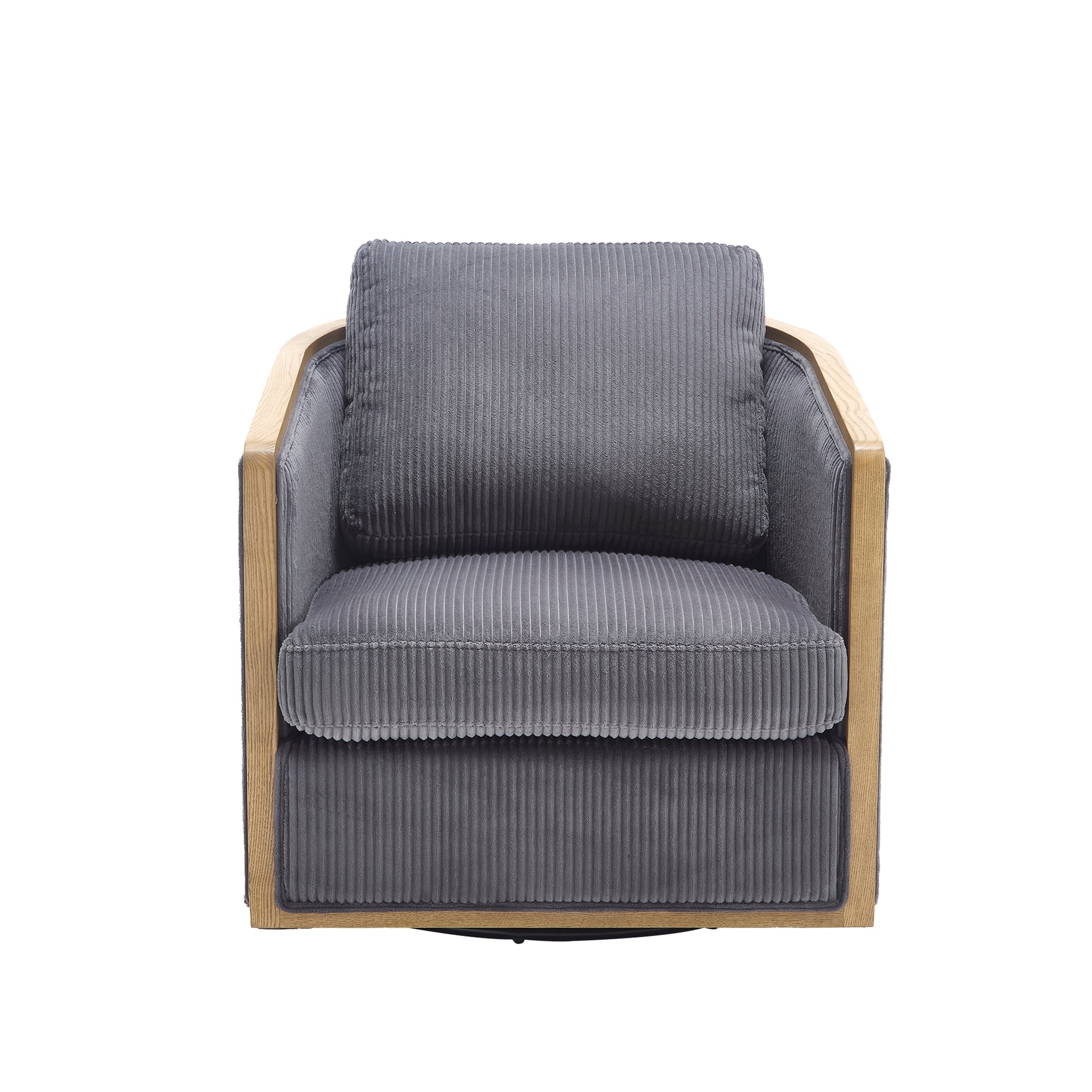 Gray corduroy swivel accent chair with natural wood frame