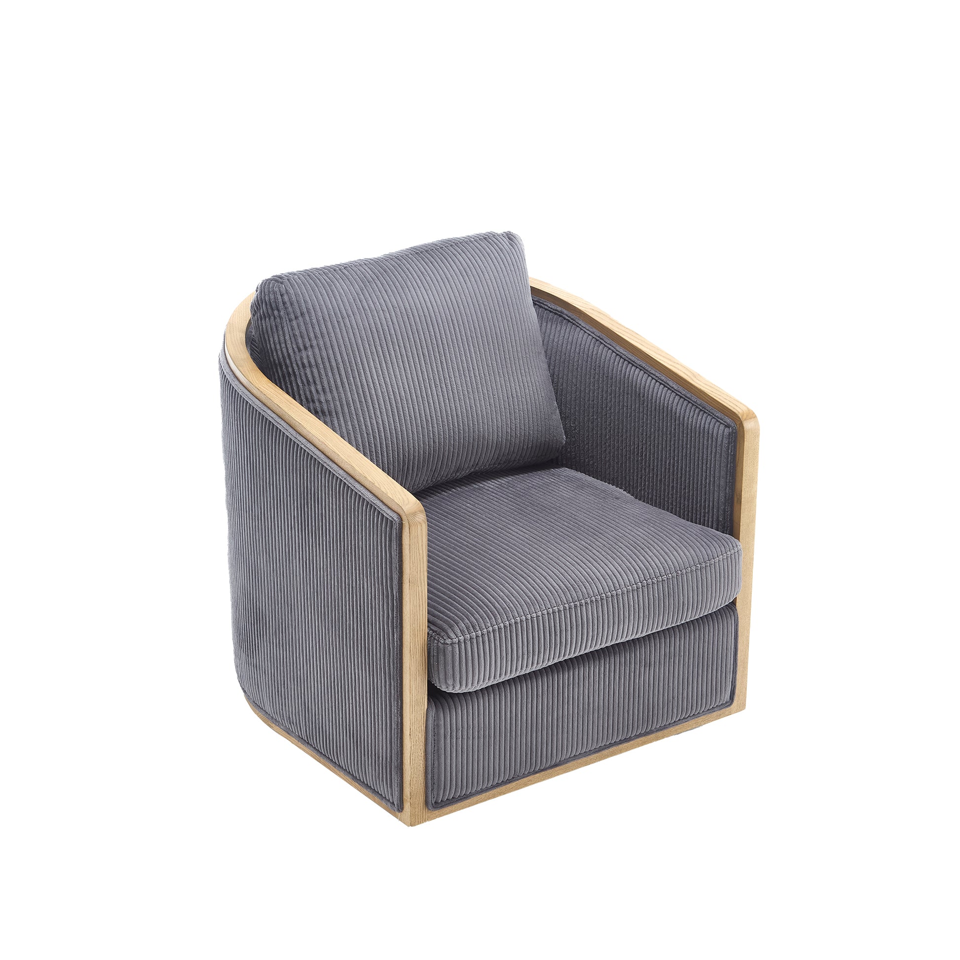 Gray corduroy swivel accent chair with light oak wood frame