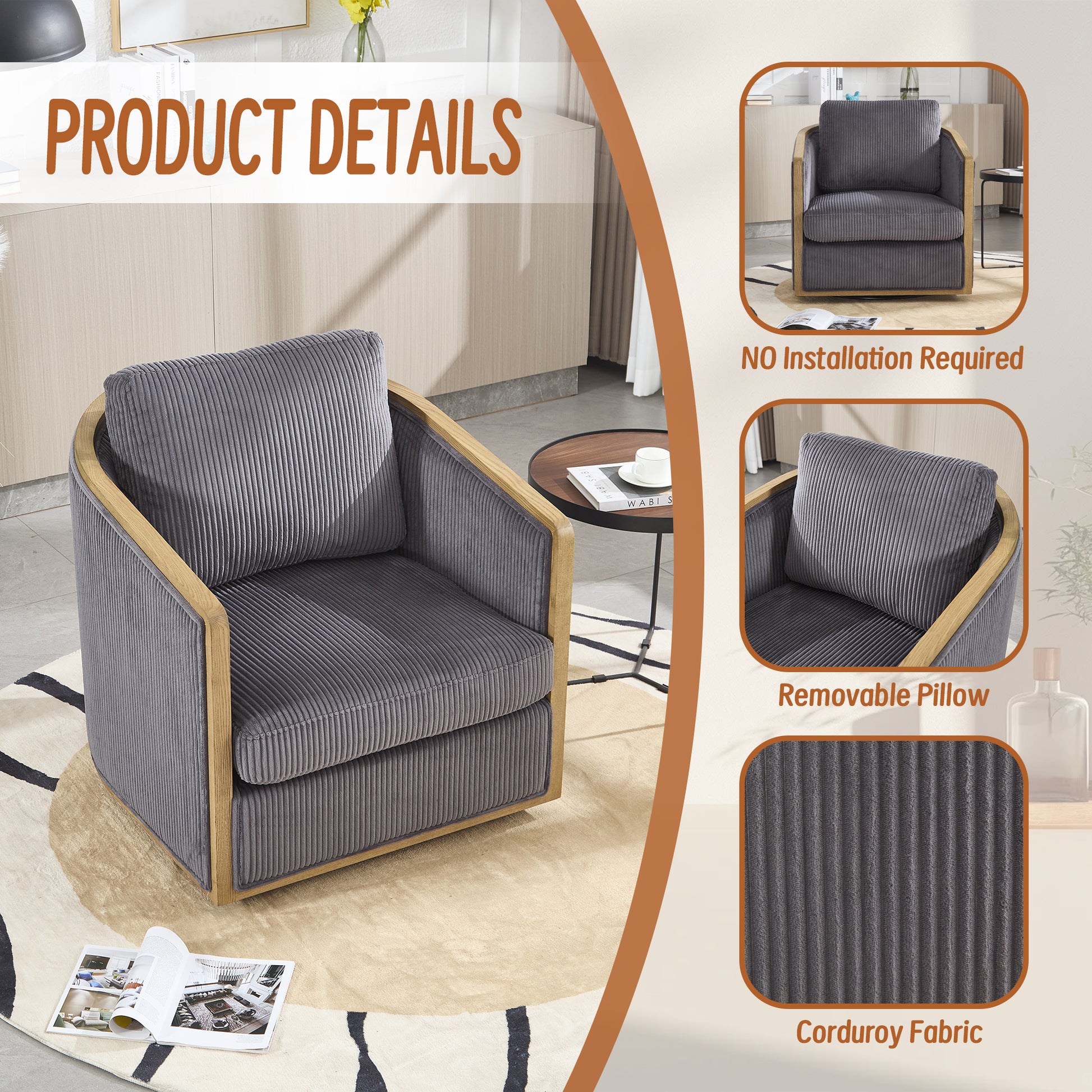 Gray corduroy armchair with wooden frame featuring a plush seat and back cushion perfect for modern living rooms