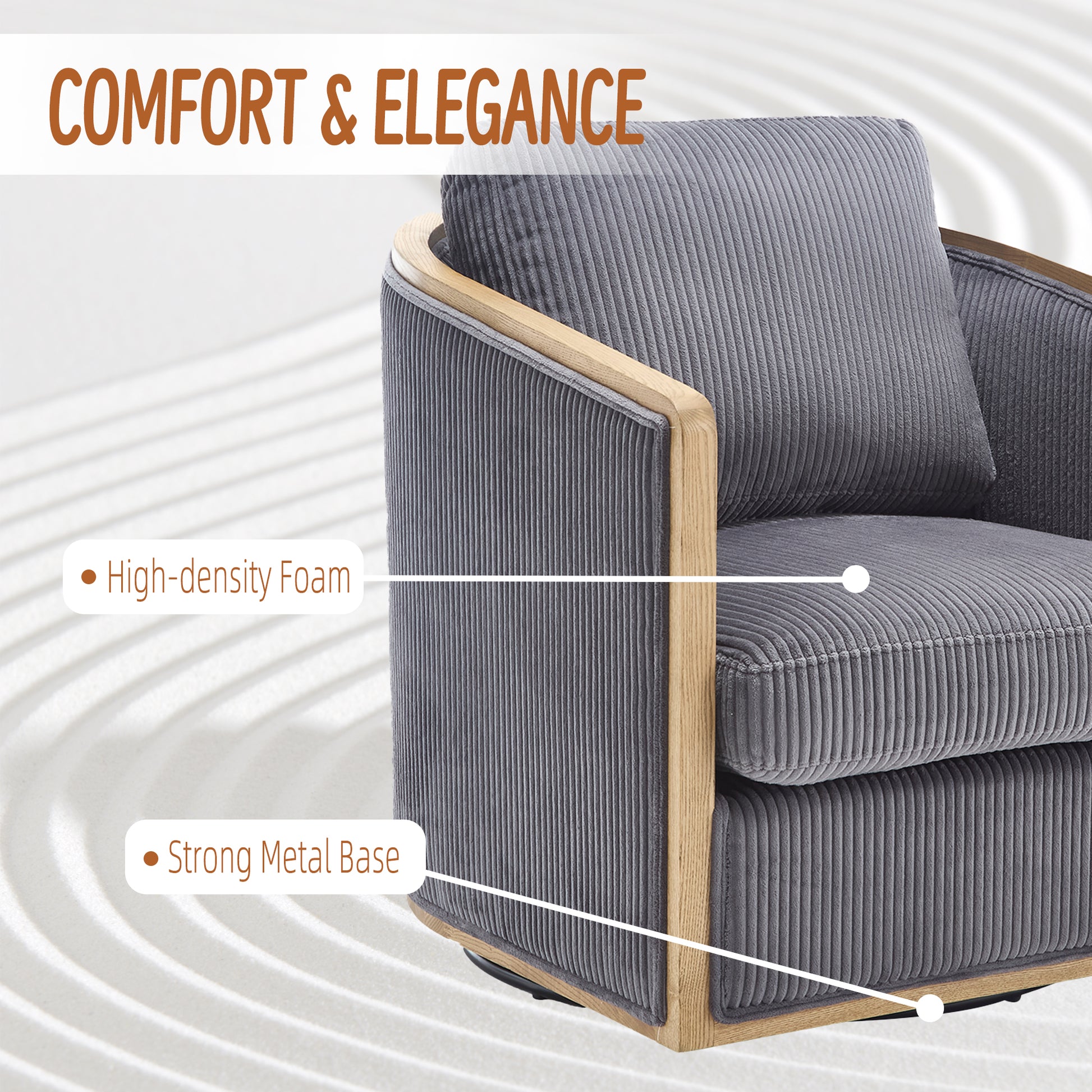 Comfortable gray swivel accent chair with corduroy upholstery and wooden frame