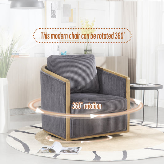 Comfortable grey corduroy swivel chair with wooden frame and plush cushion
