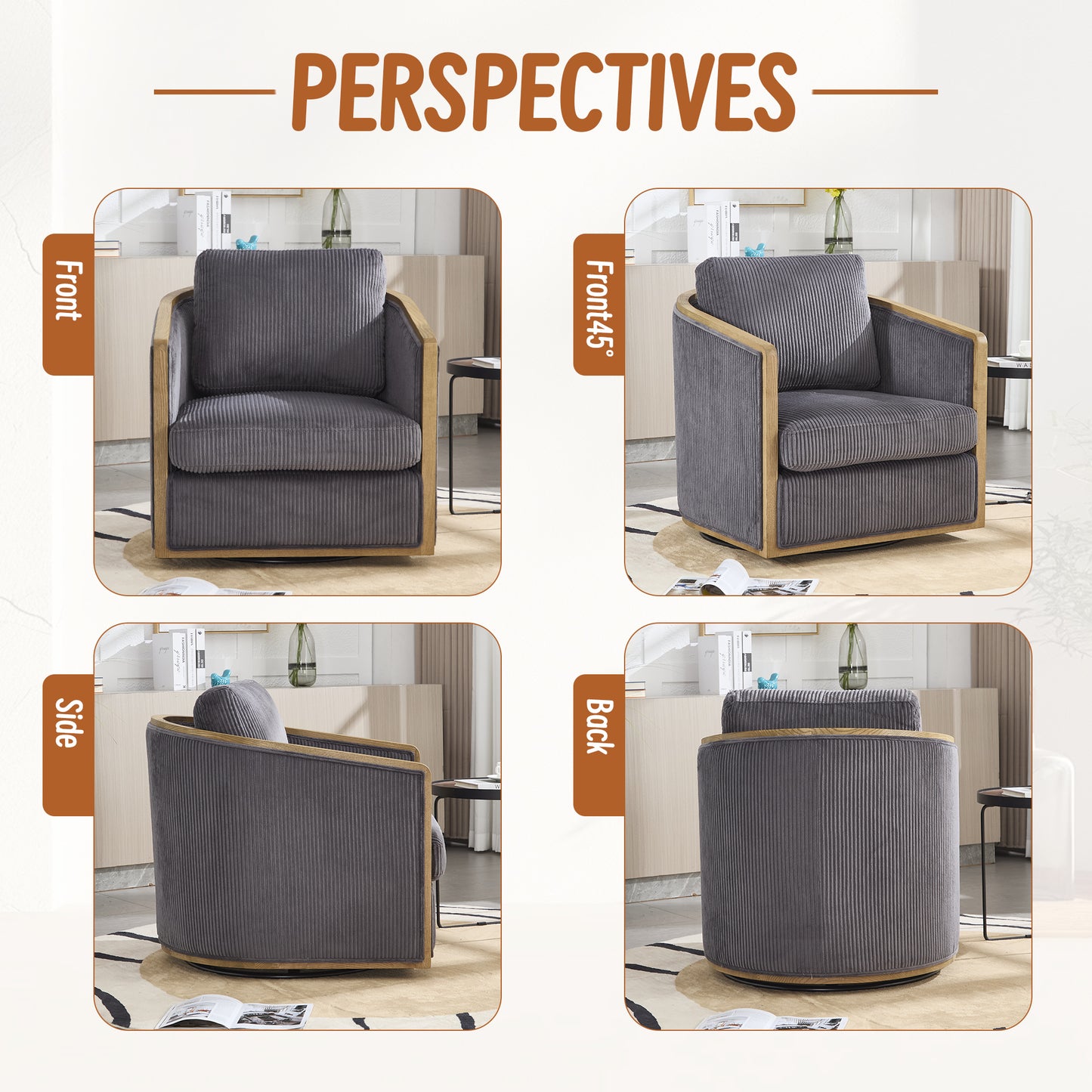 Gray corduroy swivel accent chair with wooden trim front view