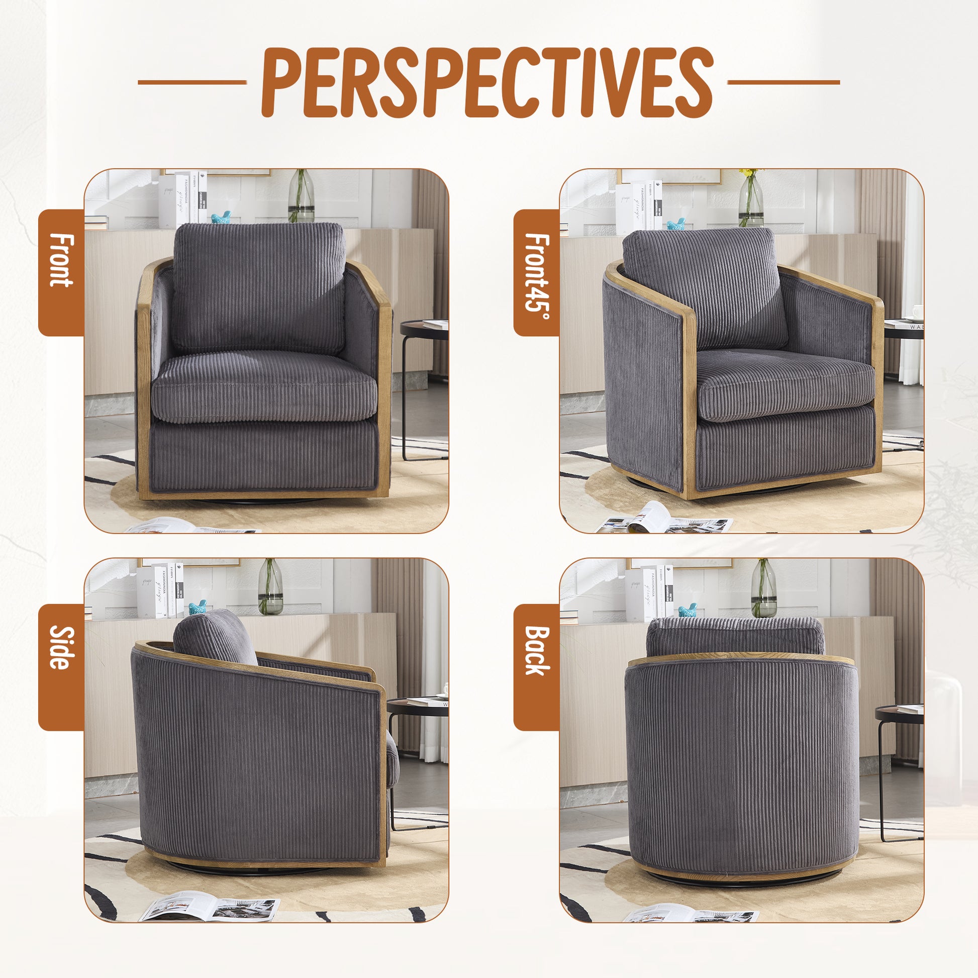 Gray corduroy swivel accent chair with wooden trim front view