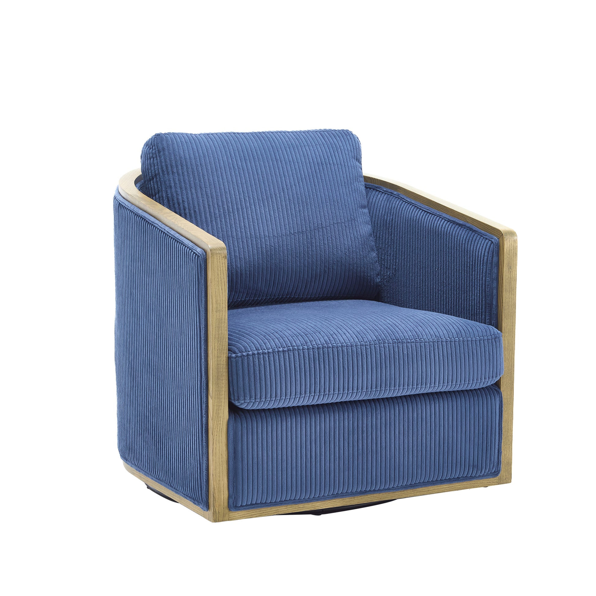 Plush blue corduroy armchair with natural wood frame and swivel base