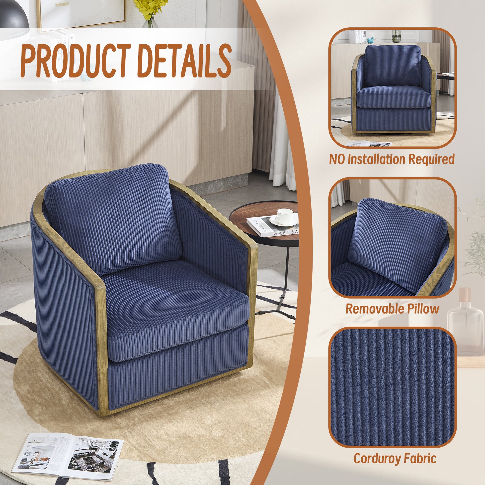 Comfortable navy blue corduroy accent chair with wooden frame and removable pillow