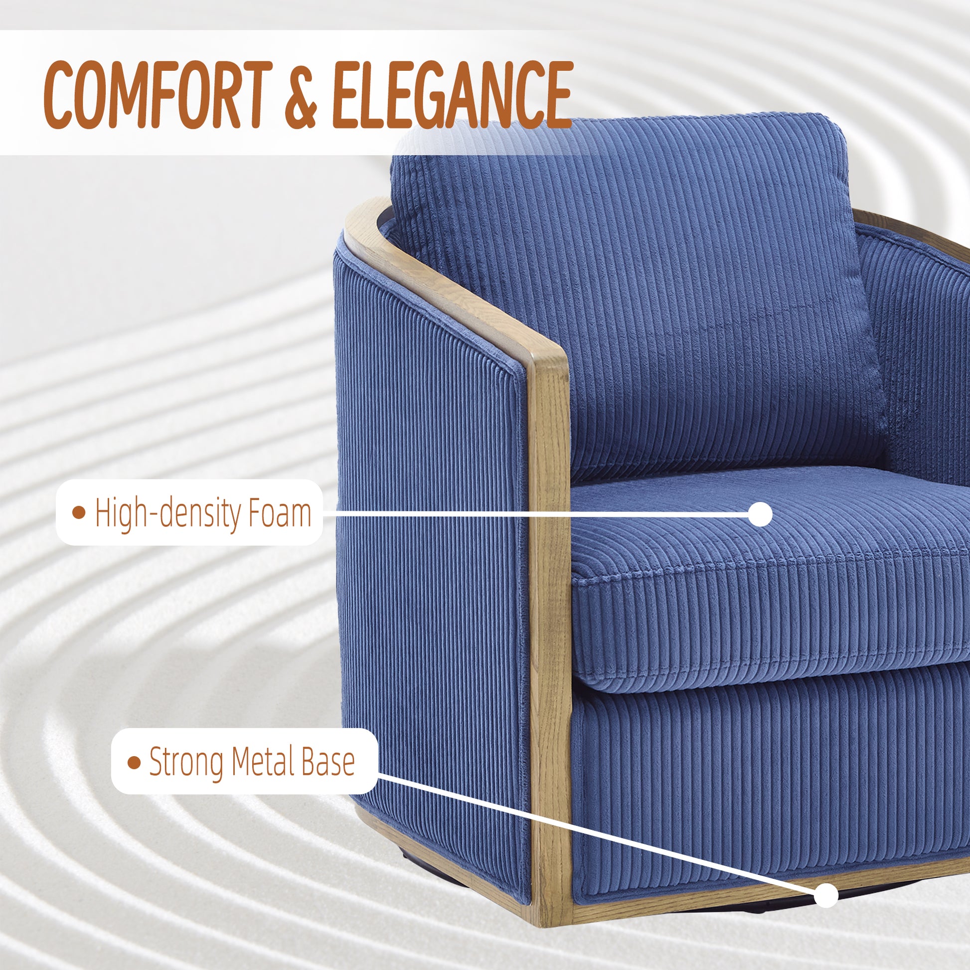 Plush navy blue corduroy armchair with natural wood accents and comfortable highdensity foam
