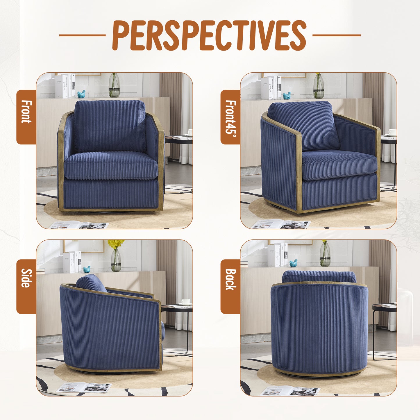 Front view of a navy blue corduroy armchair with wooden accents