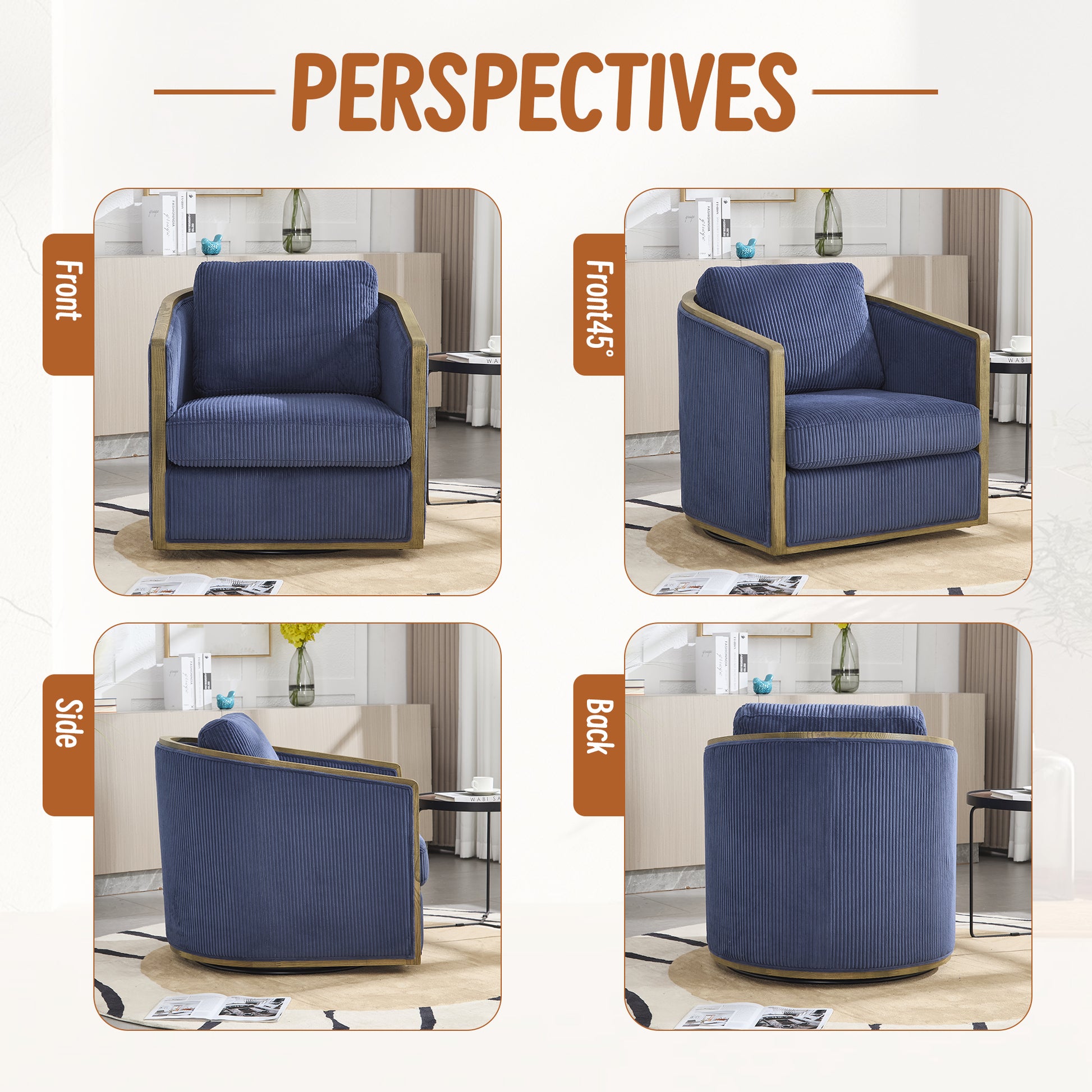 Front view of a navy blue corduroy armchair with wooden accents