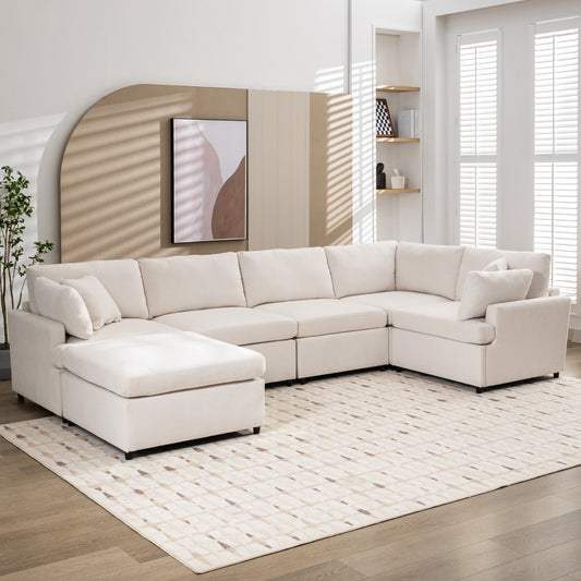 Cream modular sectional sofa with chaise lounge soft fabric upholstery perfect for living room