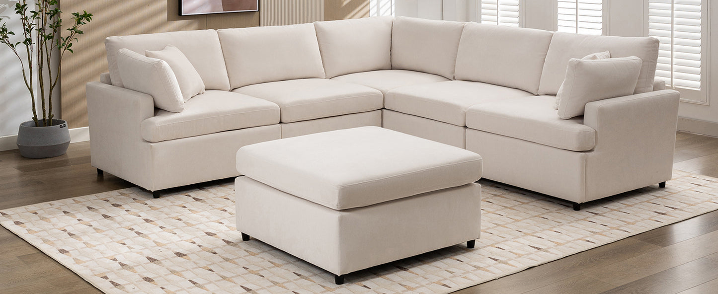 Comfortable ivory fabric sectional sofa with matching ottoman for living room