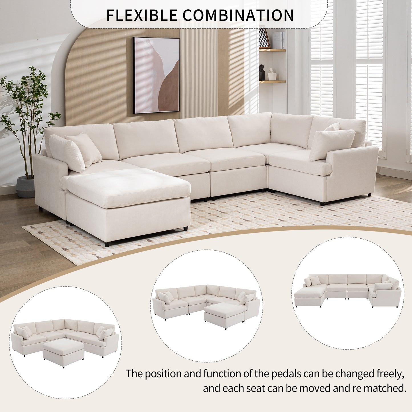 Cream sectional sofa with chaise lounge and multiple seating units plush cushions modern living room furniture