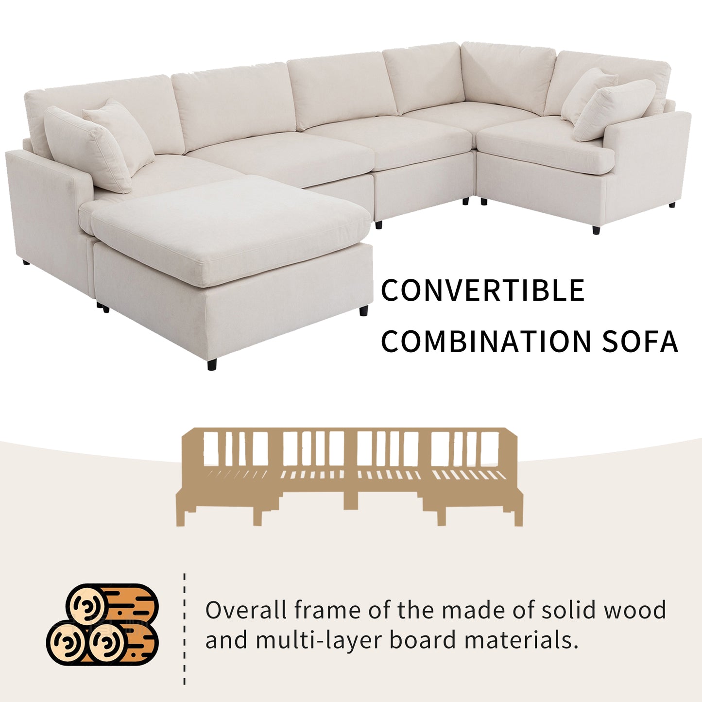 Beige fabric sectional sofa with chaise lounge featuring plush cushions for comfortable living room seating