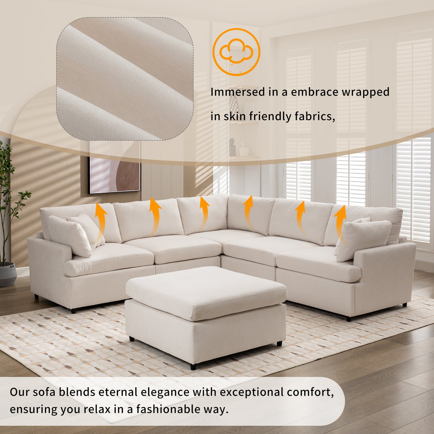 Cream sectional sofa with plush cushions and an ottoman ideal for living room comfort