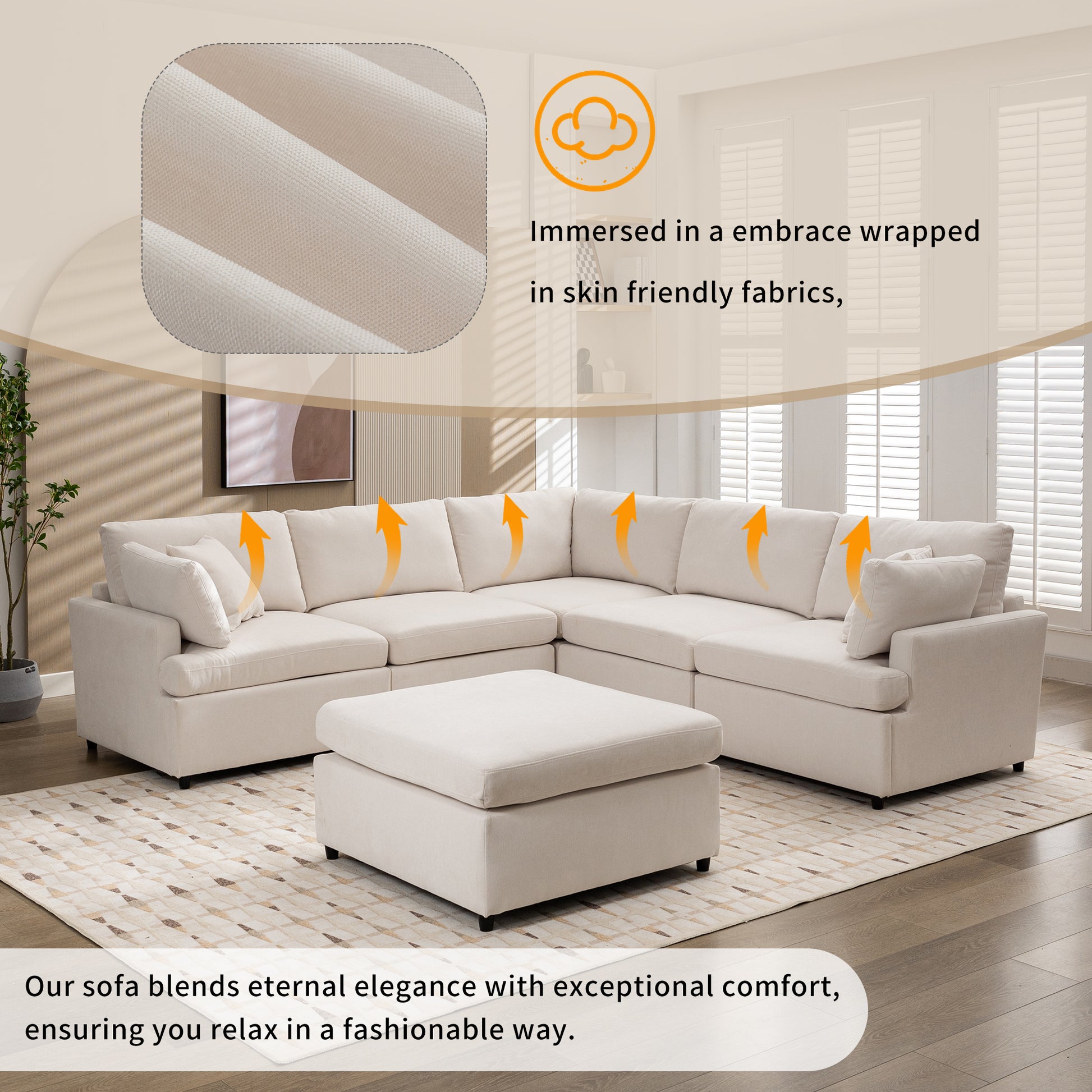 Cream sectional sofa with plush cushions and an ottoman ideal for living room comfort