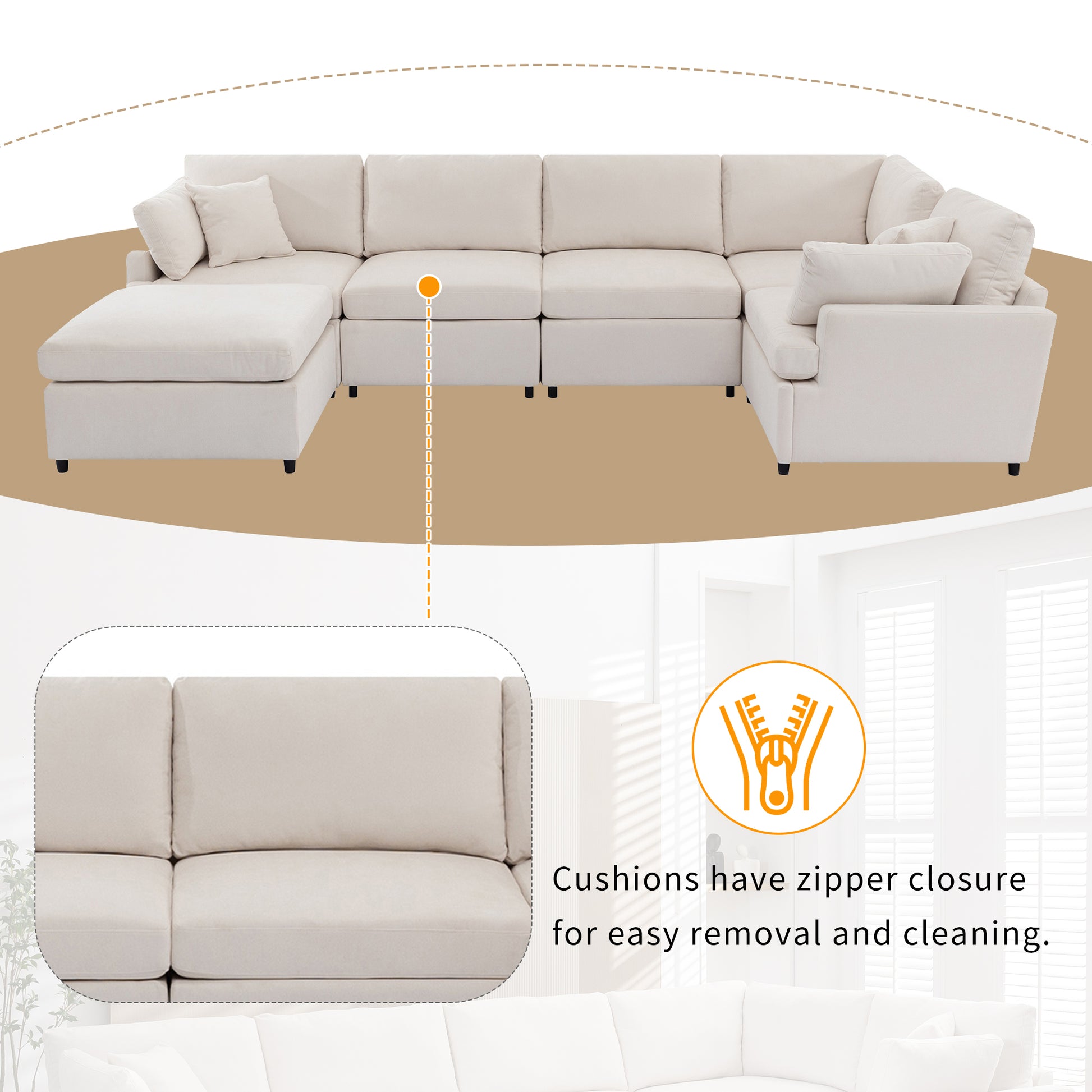Modular sectional sofa in light beige fabric with chaise lounge and ample cushions for ultimate comfort