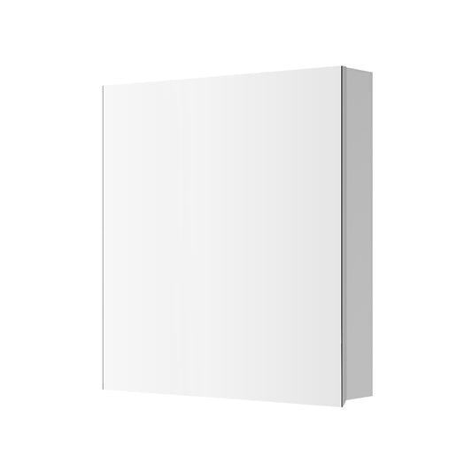 Modern white wallmounted medicine cabinet with clean lines and a mirrored door