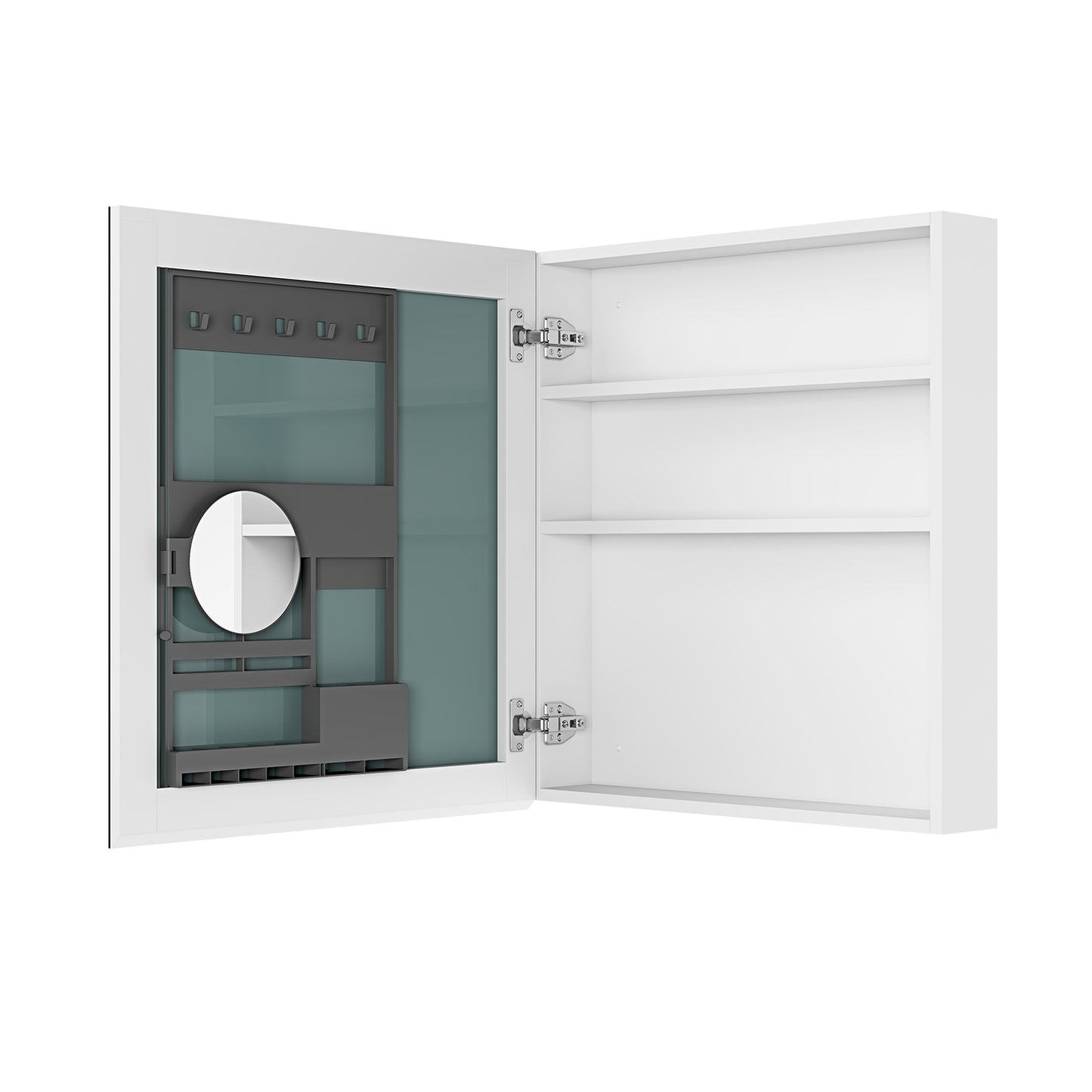 Modern white recessed medicine cabinet with mirrored door and interior organizers