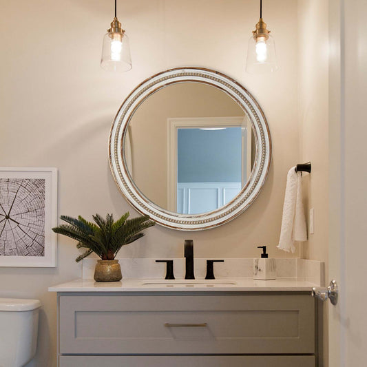 Round distressed white wood bathroom mirror with decorative beaded inner rim