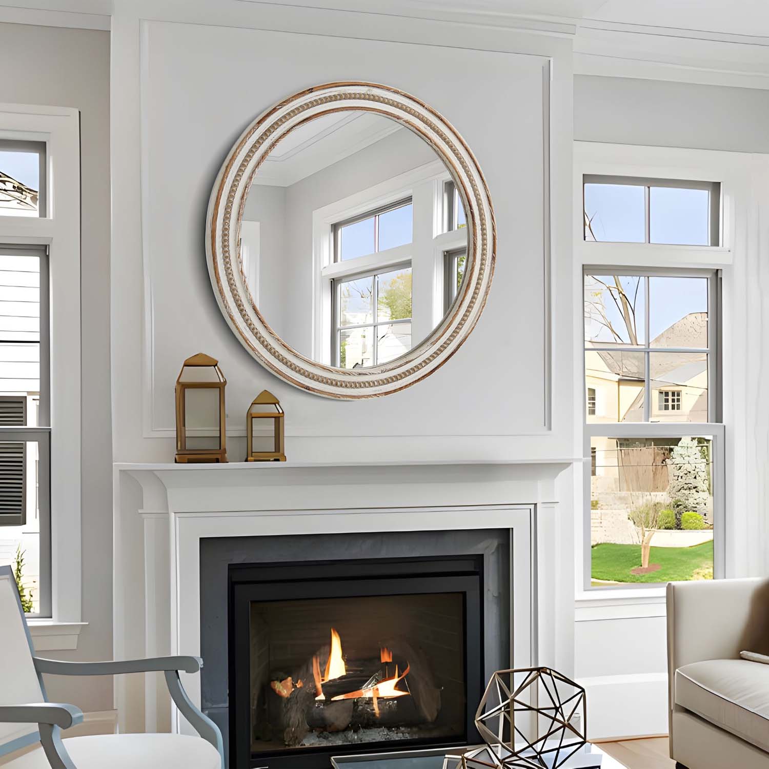 Round distressed white wall mirror with ornate gold inner rim and textured frame