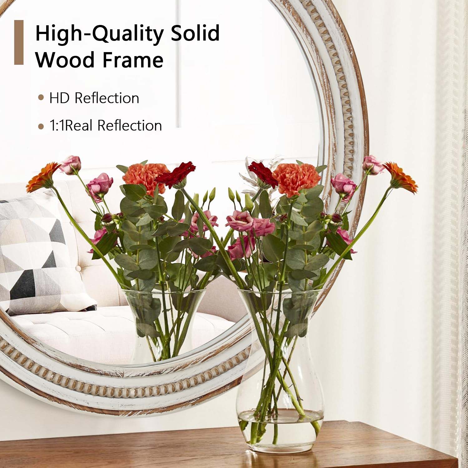 Distressed white wood frame oval mirror with beaded detail