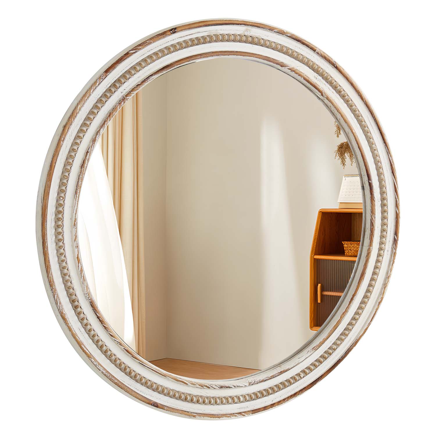 Distressed white oval wall mirror with carved bead detailing adds farmhouse charm