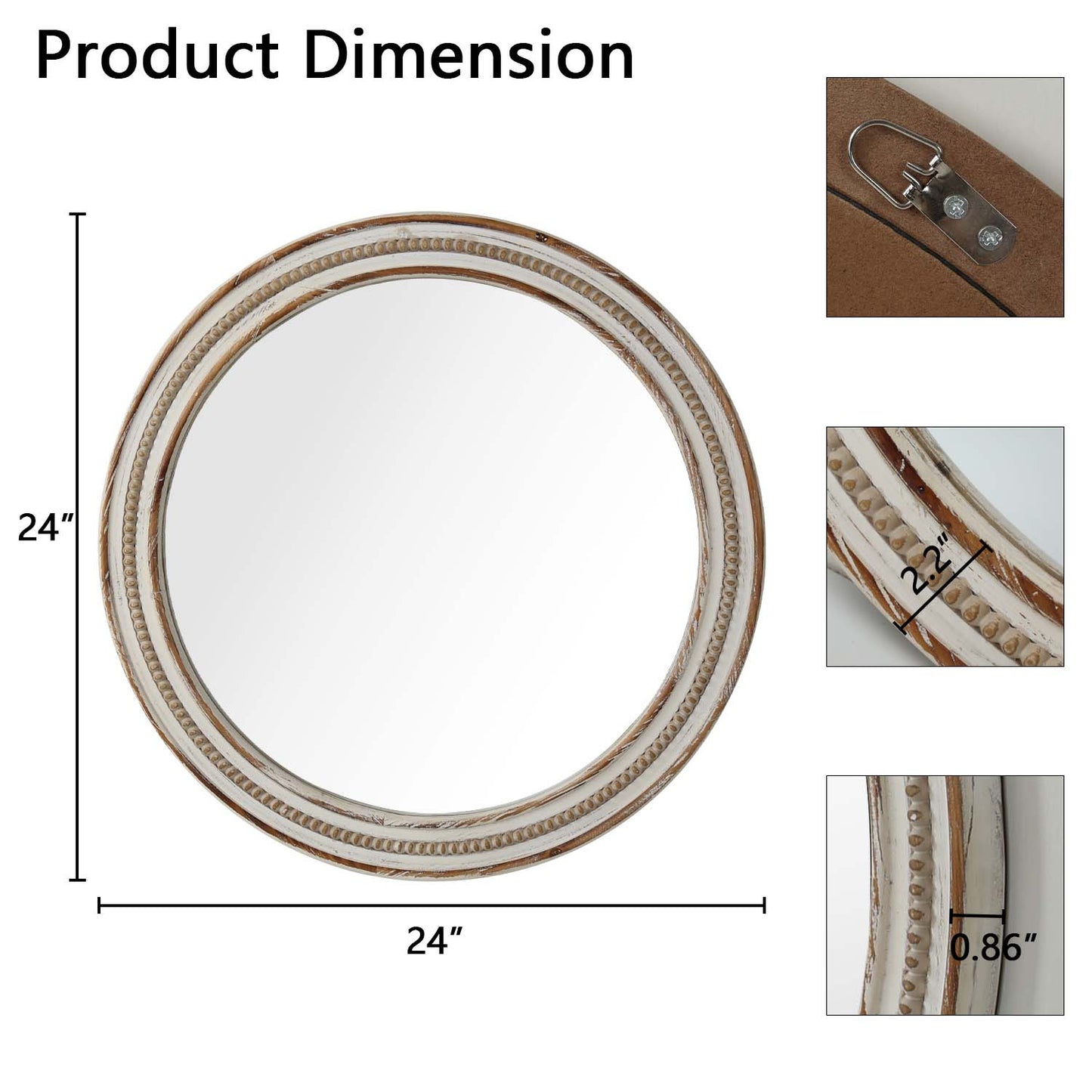 inch round decorative wall mirror with distressed white wood frame