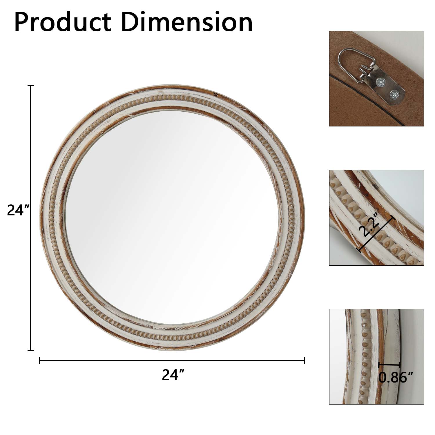 inch round decorative wall mirror with distressed white wood frame