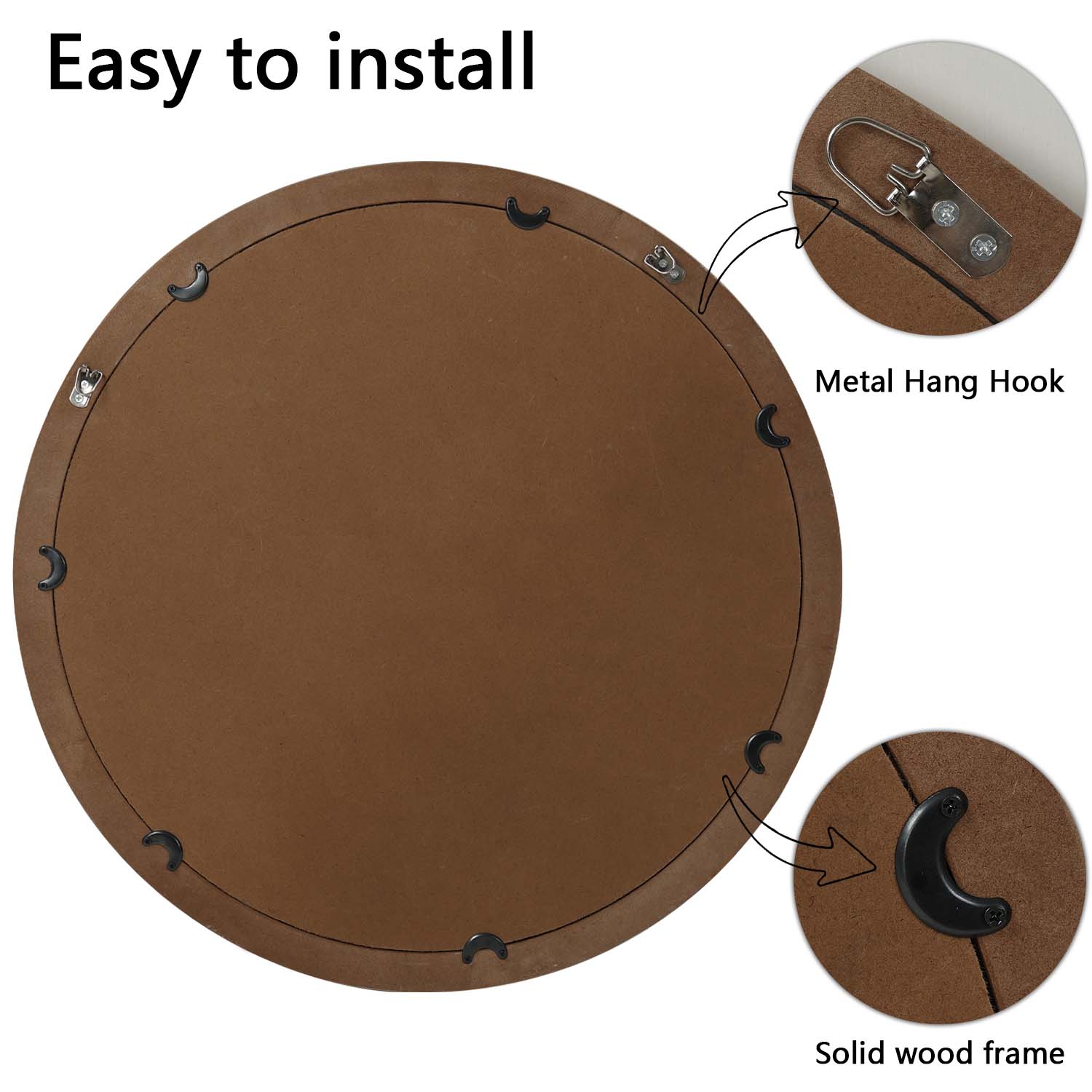 Round mirror back with solid wood frame and metal hang hook for easy wall mounting