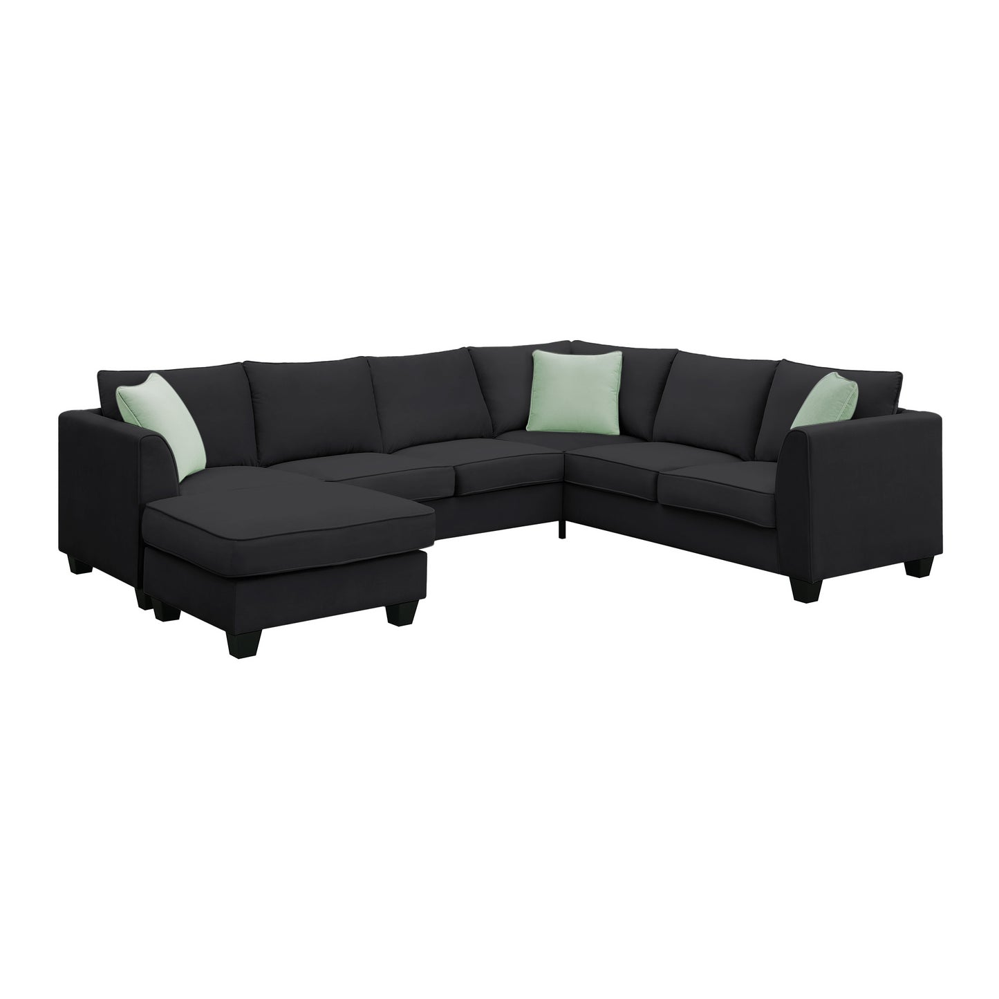 Dark charcoal sectional sofa with chaise and light green accent pillows modern living room furniture