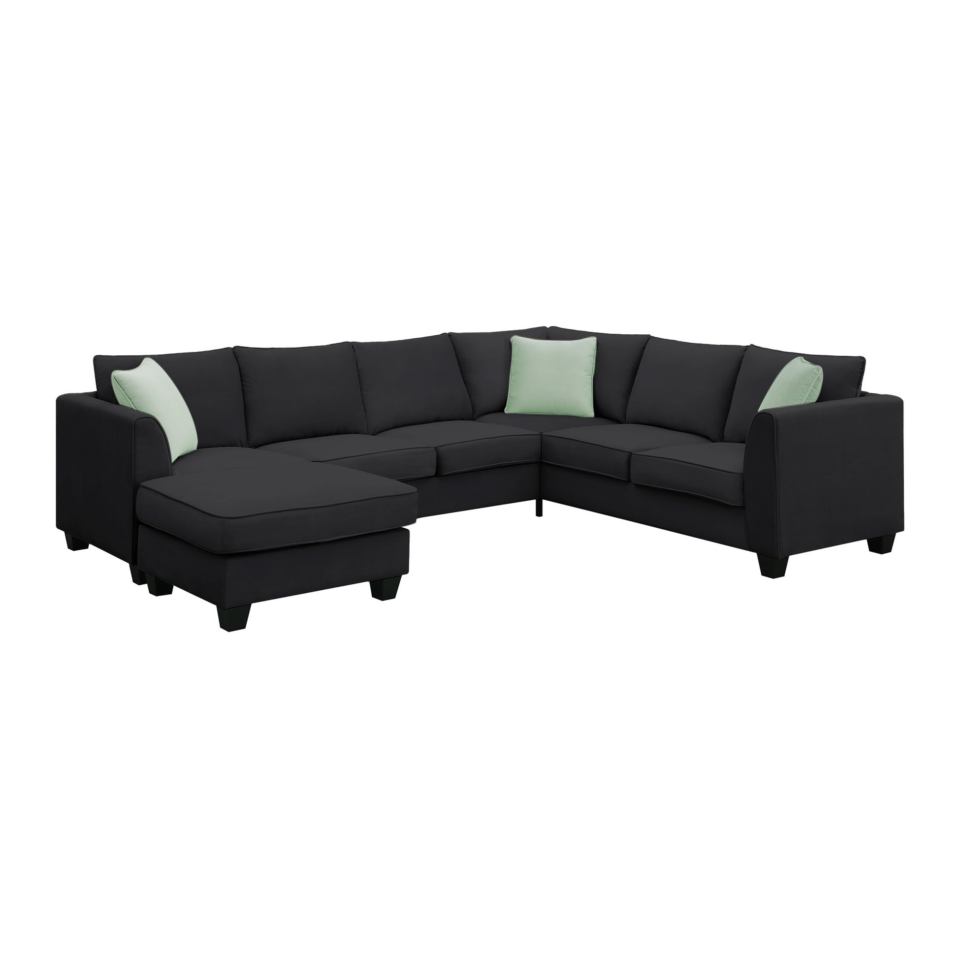 Dark charcoal sectional sofa with chaise and light green accent pillows modern living room furniture