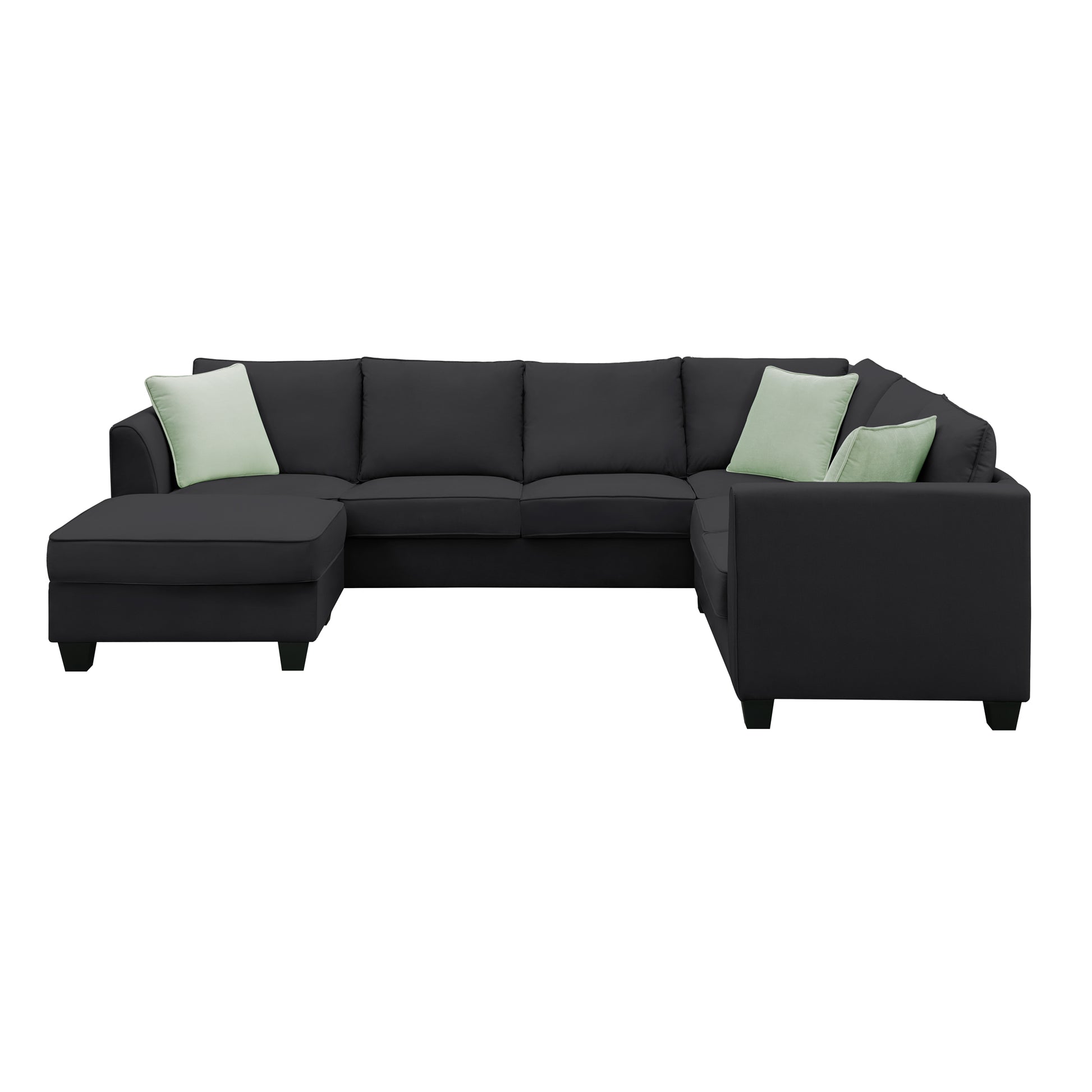 Dark grey fabric sectional sofa with chaise and mint green accent pillows for living room
