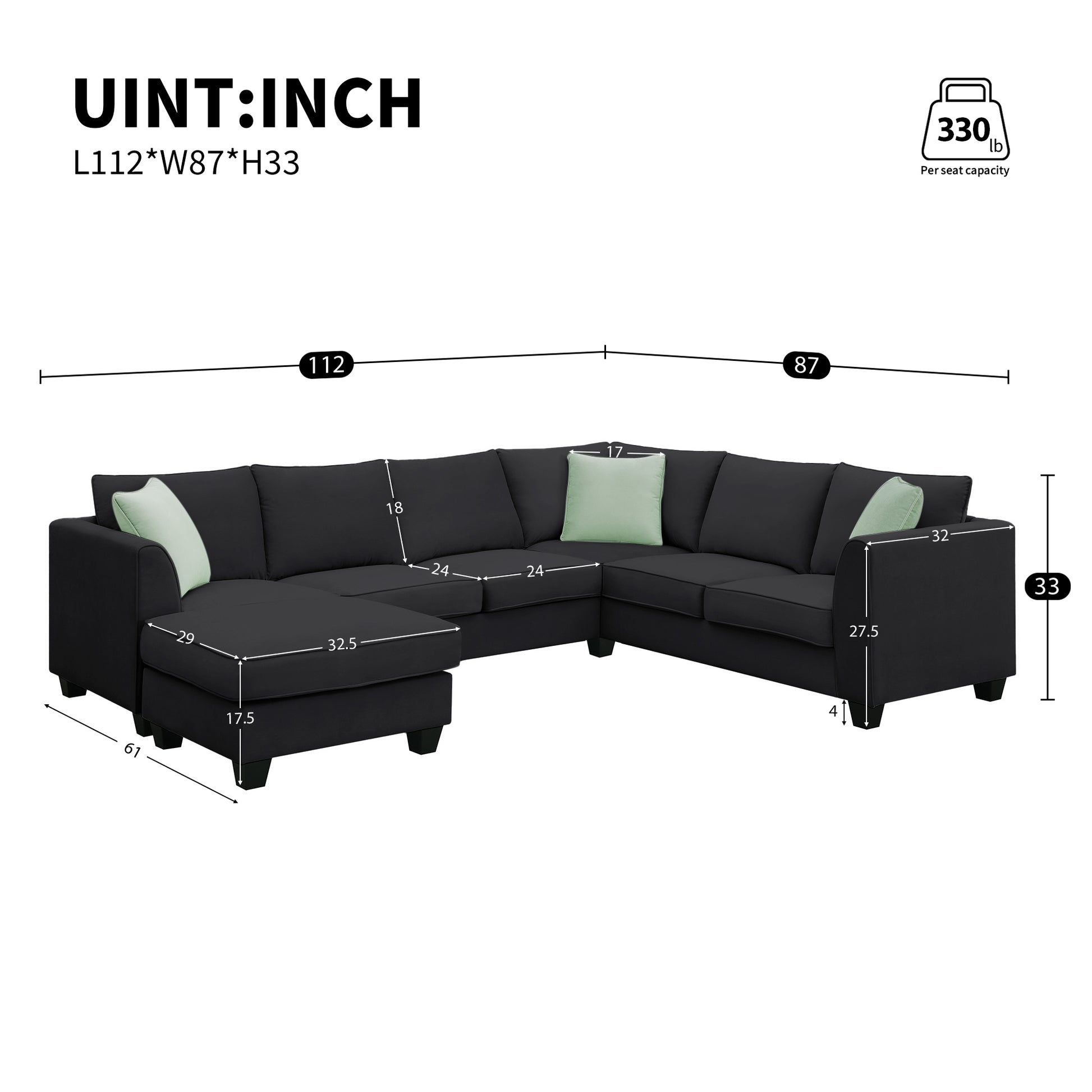 Dark gray fabric sectional sofa with chaise lounge  L x  W seats  lbs