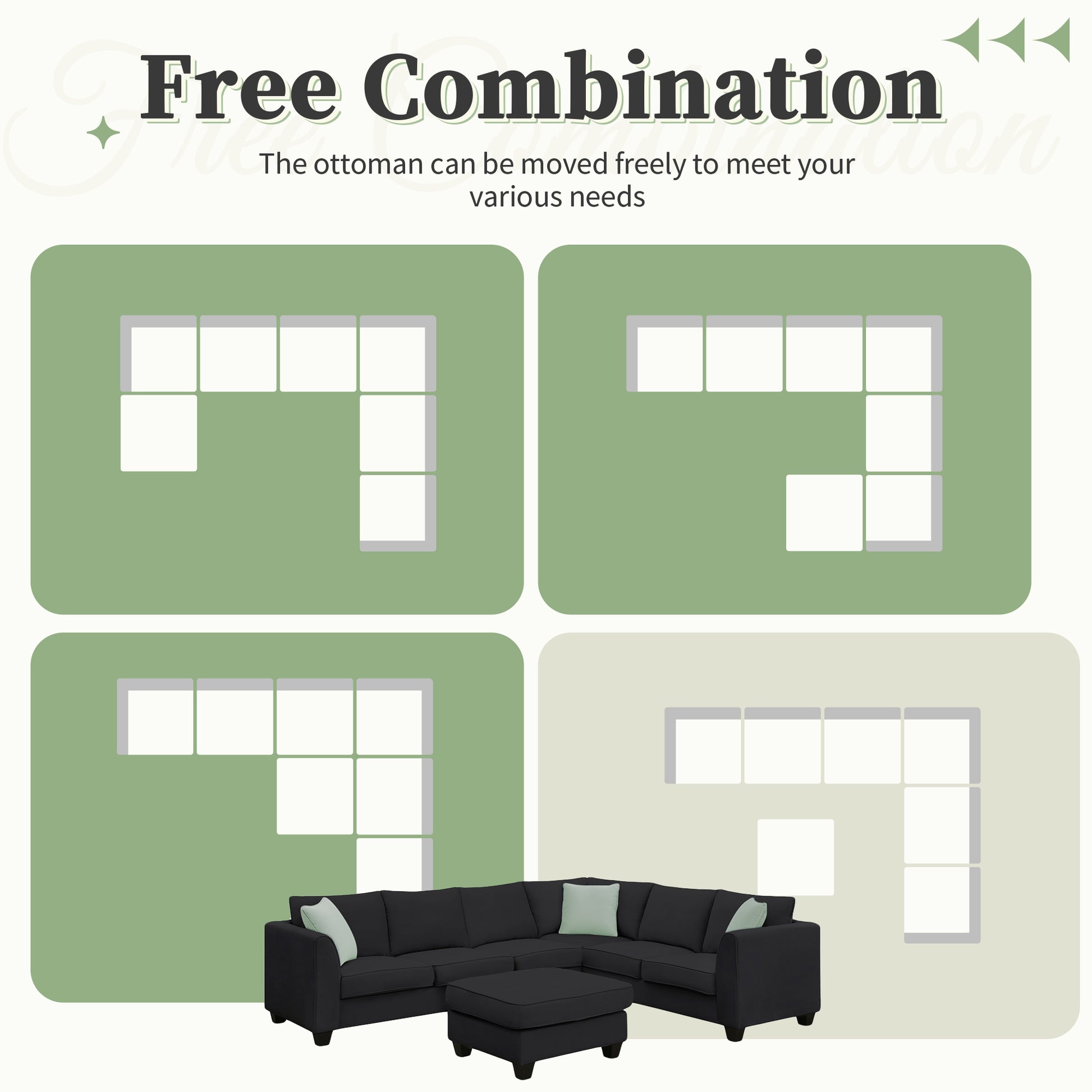 Dark charcoal sectional sofa with ottoman and sage green accent pillows for flexible living room arrangements