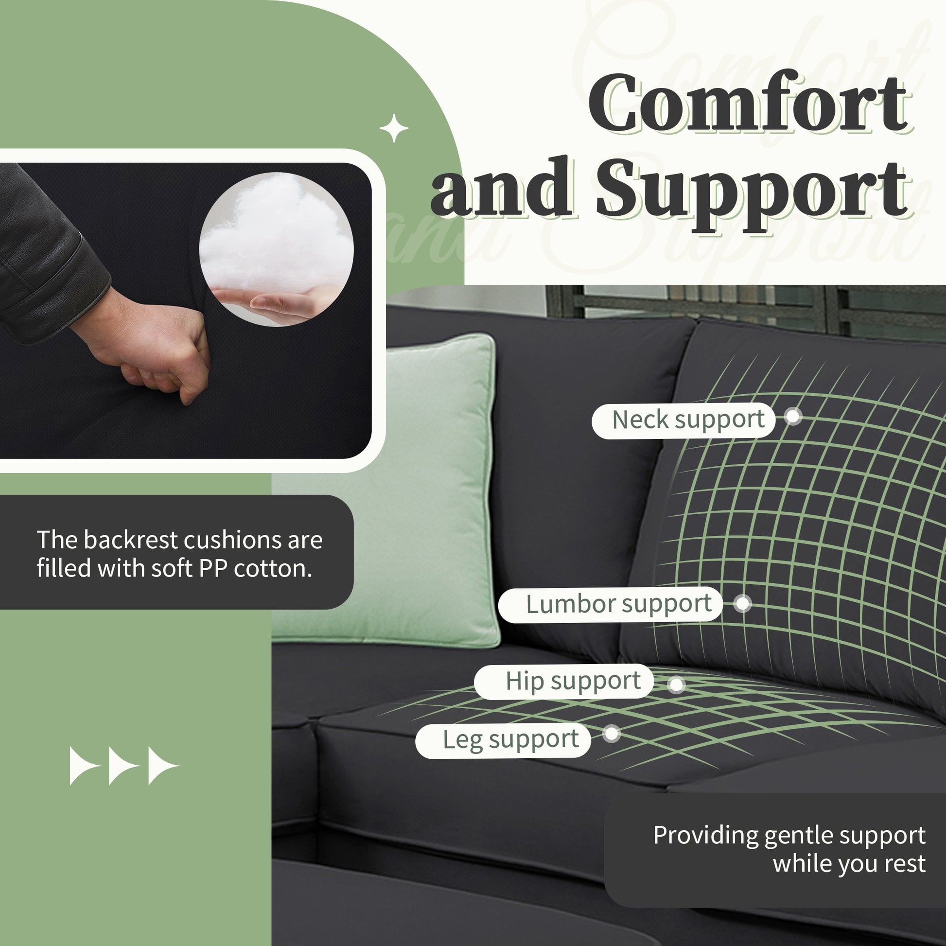 Black sofa cushions filled with soft PP cotton offering comfort and support