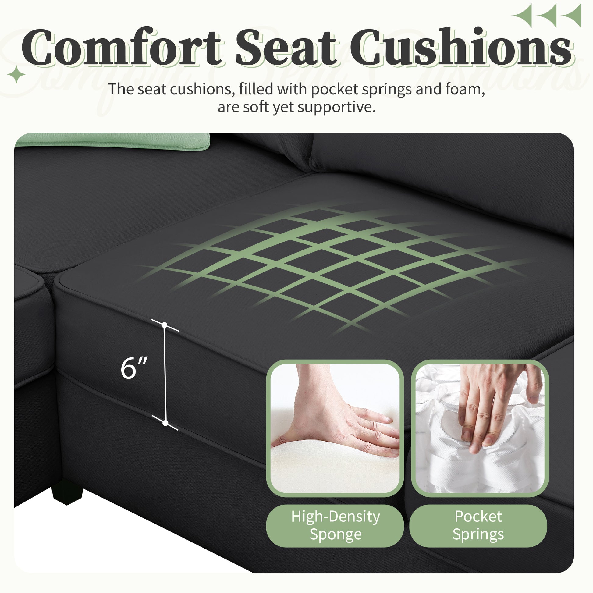 Dark gray sectional sofa cushion with grid overlay highlighting pocket springs and foam support