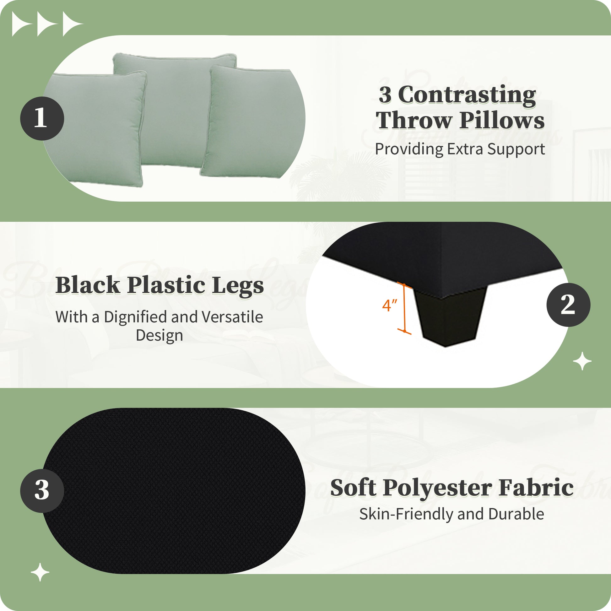 Three light sage throw pillows providing comfortable support for your sofa